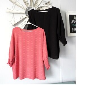 Two Shein Curve 1X Textured Swiss Dot Blouse Smocked Ruffle Sleeves Coral/ Black